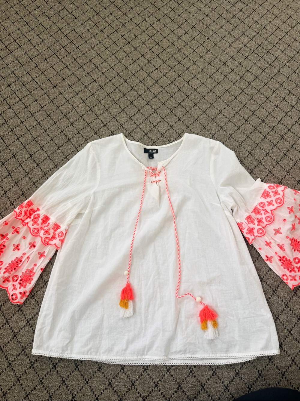 ANA White Peasant Top with Coral/Pink Embroidered Sleeves